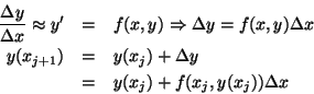 \begin{eqnarray*}
\frac{\Delta y}{\Delta x} \approx y' &=& f(x,y) \Rightarrow \D...
...&=& y(x_j) + \Delta y \\
&=& y(x_j) + f( x_j, y(x_j)) \Delta x
\end{eqnarray*}